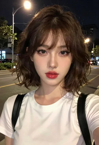 Selfie portrait of woman with brown hair on dark city street