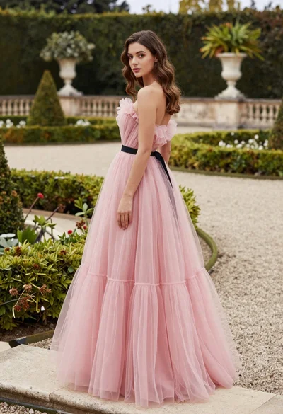 Young woman in pink tulle gown standing in formal garden setting