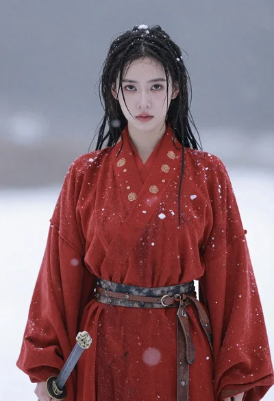 Young woman in red robes with wet hair holding a sword
