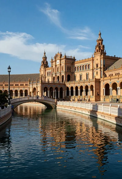 Grand spanish renaissance palace reflected in canal under bright blue sky
