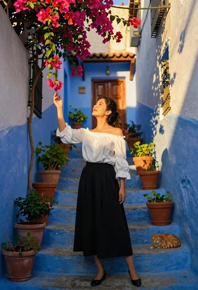 Woman on blue stone steps in sunlit alleyway