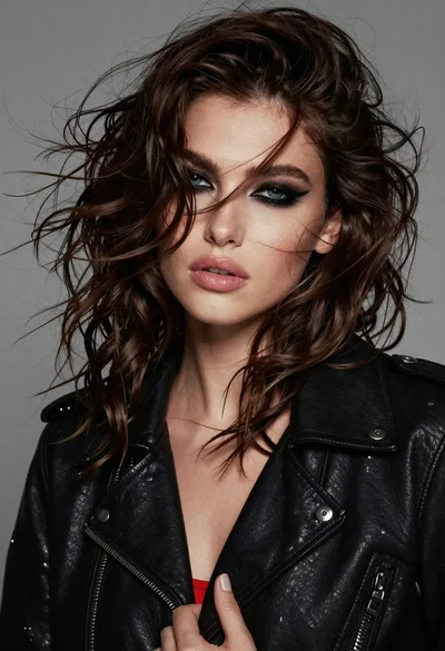 Close up portrait of woman with dark wavy hair wearing black leather