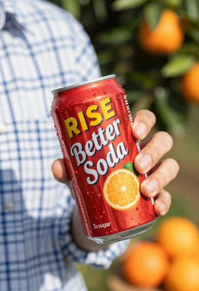 Closeup shot of hand holding red soda can with condensation droplets outdoors