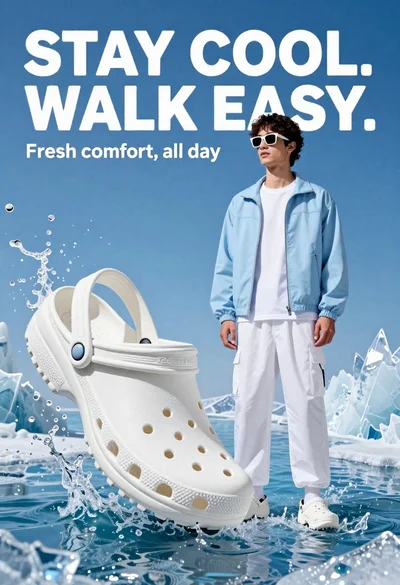 Young man in white crocs stands confidently against splashing blue water and
