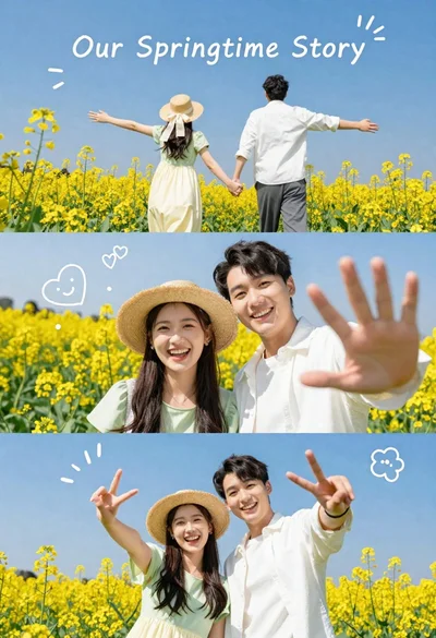 Young couple running through yellow flower field under blue sky