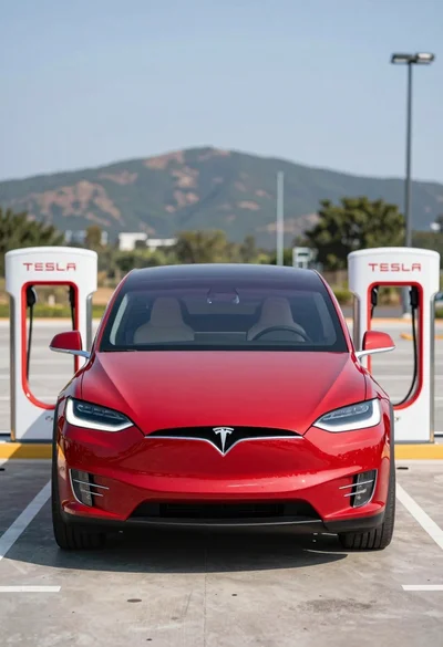 Glossy red tesla model x parked between two superchargers in open area