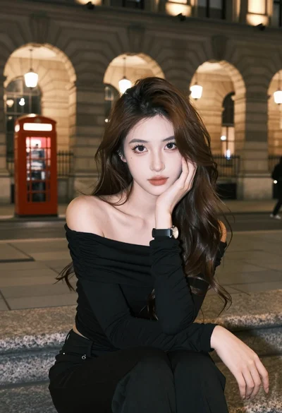 Young woman in black top sitting on stone steps before grand building