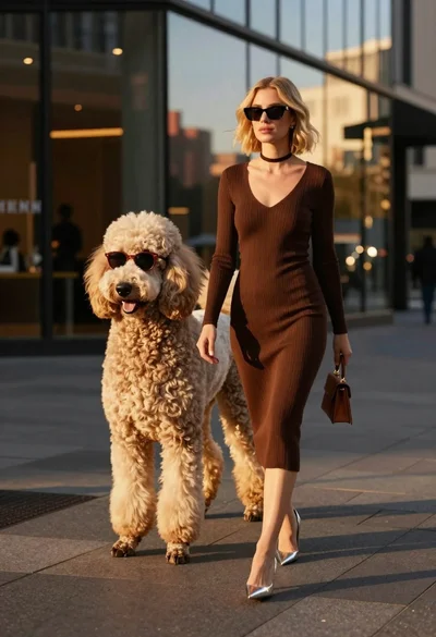 Stylish woman walking with poodle near modern glass buildings
