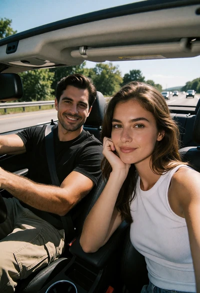 Couple in convertible car on sunny highway with blue sky background