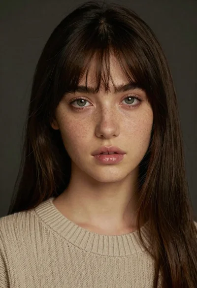 Photorealistic portrait of young woman with green eyes