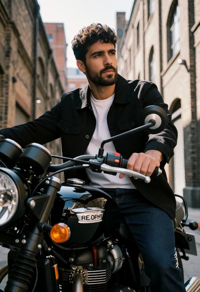 Man on black motorcycle in narrow brick alleyway at low angle