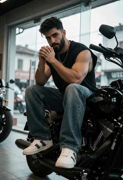 Muscular young man with beard sitting on black cruiser motorcycle indoors