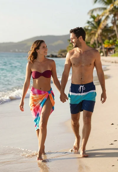 Smiling couple walking hand in hand on beach at sunset