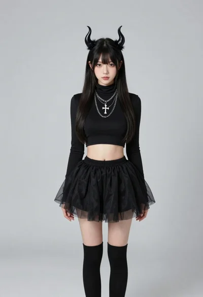 Full body portrait of woman in black outfit