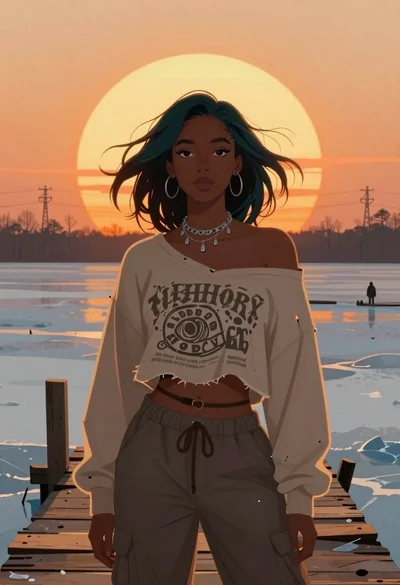 Young woman on wooden dock at sunset