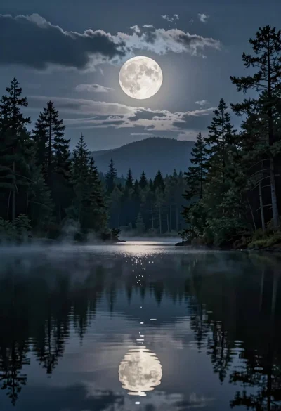 Serene night lake reflection of the full moon surrounded by pine trees