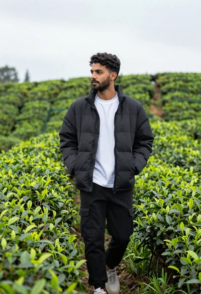 Young man walking through lush green tea plantation under overcast sky