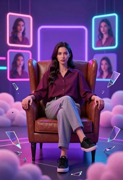 Confident young woman in maroon shirt sitting in brown leather chair with