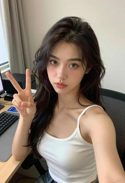 Young woman with dark wavy hair making peace sign at wooden desk