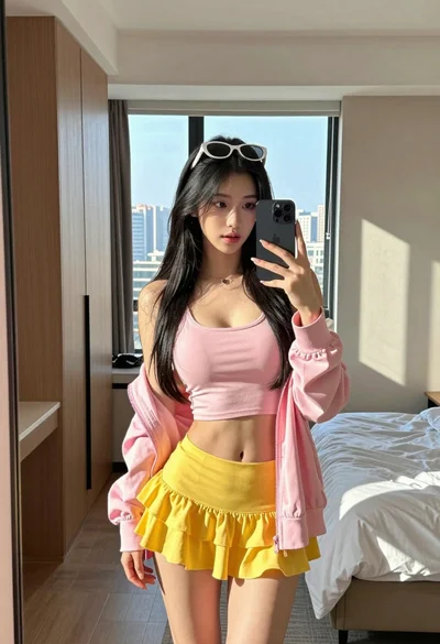 Young woman taking a mirror selfie in modern bedroom with city view