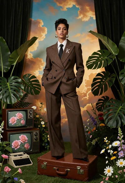 Poised woman in pinstripe suit standing near vintage suitcase and greenery