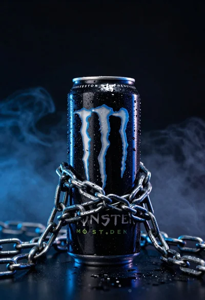Black monster energy can wrapped in metal chains on reflective floor