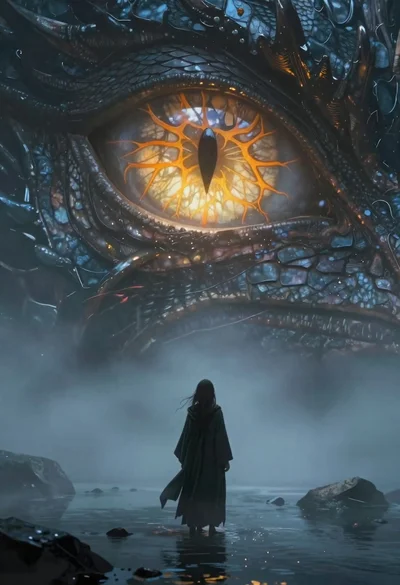 Figure before colossal glowing dragon eye in misty water