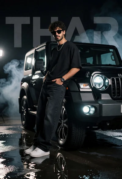 Young man leaning on black suv in dramatic studio setting