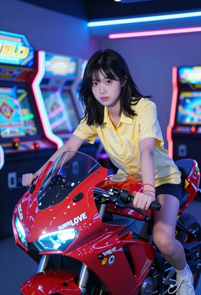 Young woman sitting on red arcade motorcycle in neon lit amusement center