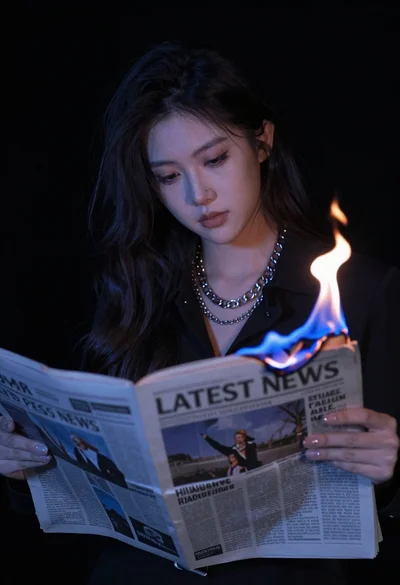 Young woman with long dark hair reads a newspaper engulfed in blue