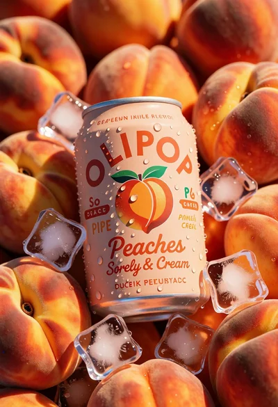 Close up product shot of olipop peach soda among fresh ripe peaches