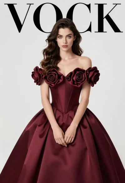Young woman in elegant burgundy gown with rose accents on white background
