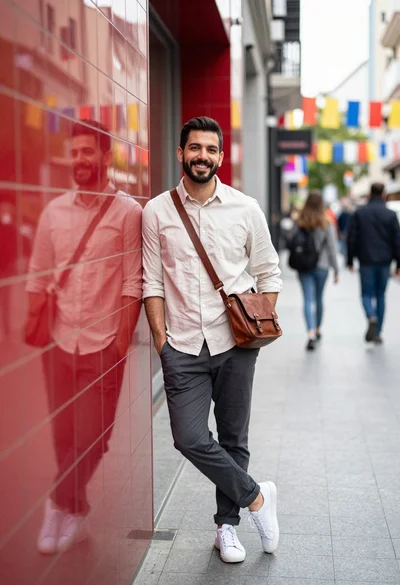 Confident man leaning against red tiled wall in an urban alleyway setting