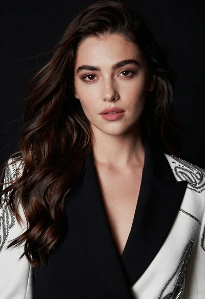 Glamorous portrait of woman with dark brown hair in black blazer