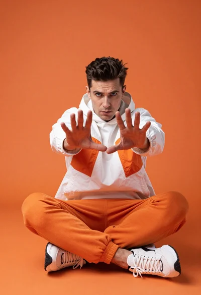 Man sitting cross legged against orange backdrop with splayed hands