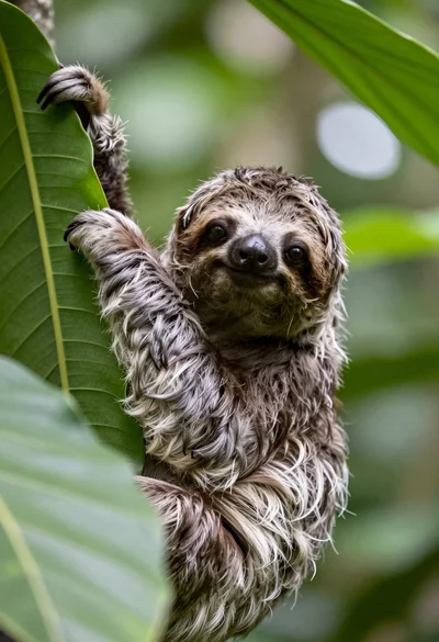 Close up portrait of baby sloth on large green leaf in lush