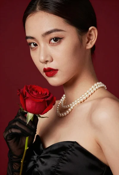 Surreal portrait of woman in black satin dress holding red rose
