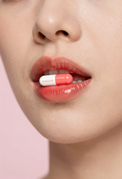 Close up portrait of womans lips with pills
