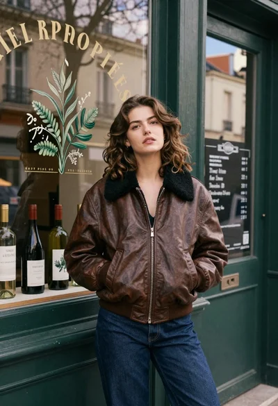 Young woman in brown leather bomber jacket leaning against shop door frame