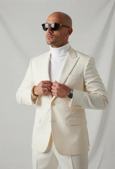 Stylish bald man adjusting suit jacket in white studio