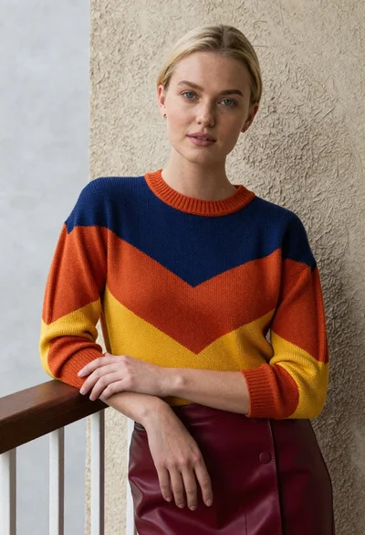 Blonde woman in rust knit sweater leaning against textured wall