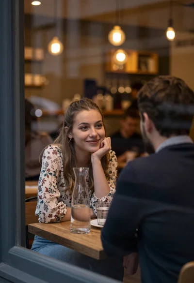 Young woman smiling at date through cafe window