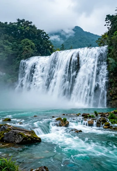 Majestic wide waterfall cascading over dark stone weir into turquoise river