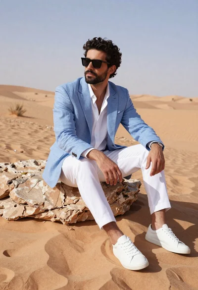 Handsome young man in light blue blazer sitting on a rock in