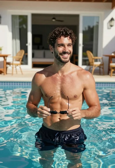 Handsome man in blue pool water on sunny day