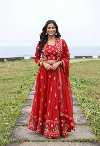 Smiling woman in red traditional indian outfit on stone path by ocean