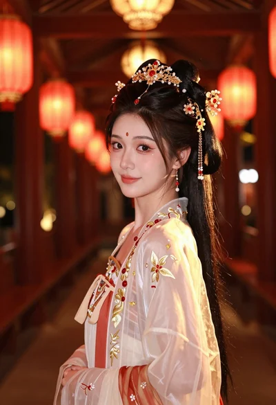 Young woman in white hanfu robe with jeweled headpiece in lantern corridor