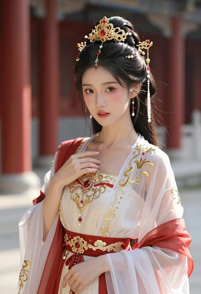 Hyperrealistic portrait of woman in white gown with gold crown