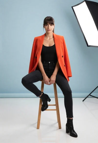 Confident woman in orange blazer sitting on stool in minimalist studio