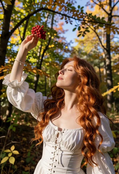Woman with red hair holding berries in a sunlit autumn forest woodland